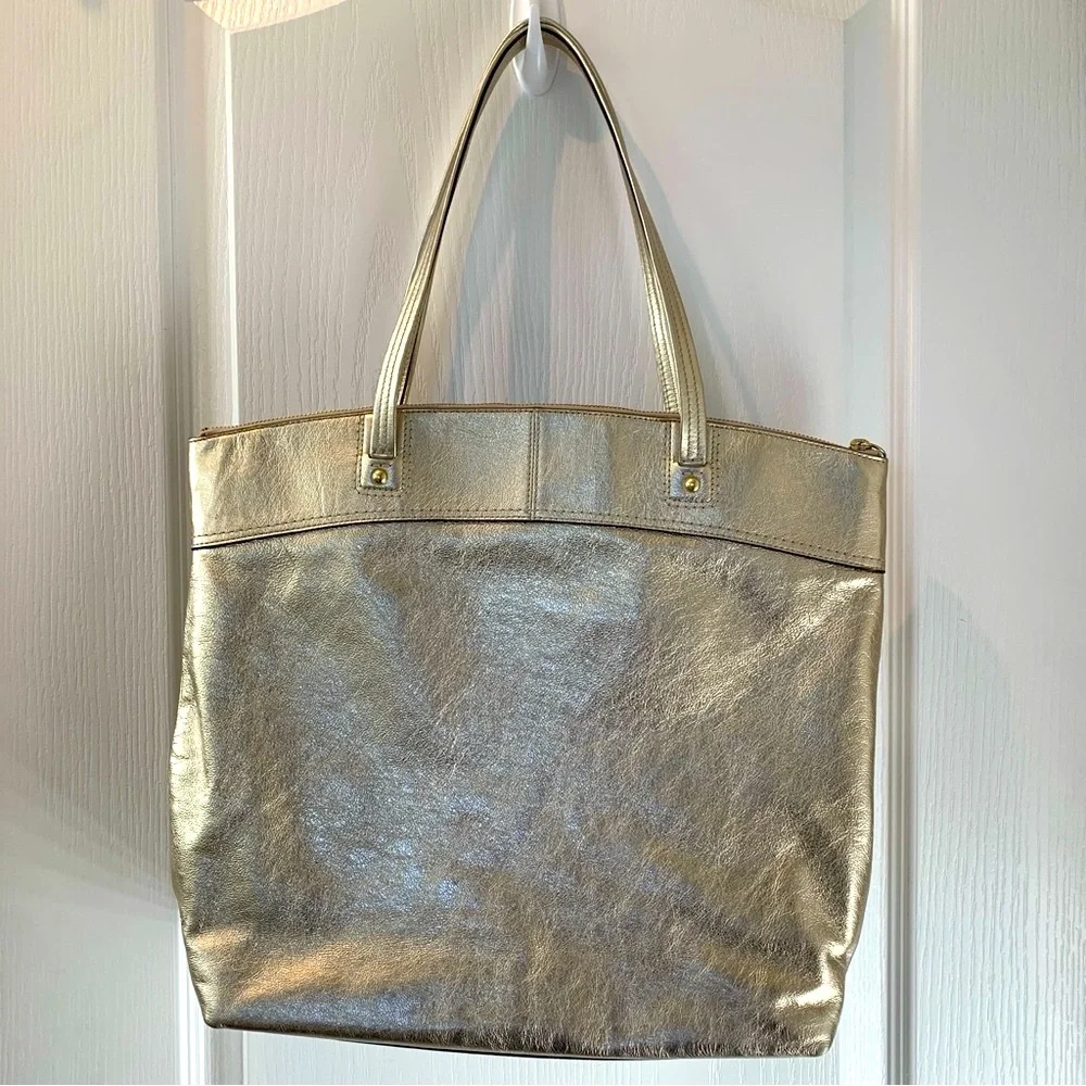 COACH Laura Leather Signature Print Tote Shoulder Bag Metallic Gold - Picture 7 of 16